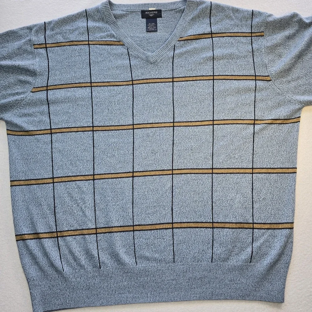 Dockers Men's XL V-Neck Sweater Light‎ Blue Windowpane Plaid Golf Preppy EUC